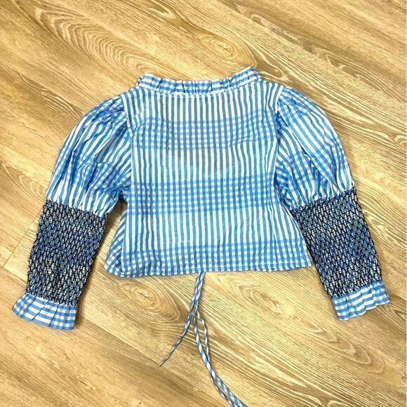 GANNI Blue Plaid Charron Top Crop Longs sleeves blouse Deawstring Front - Picture 5 of 9